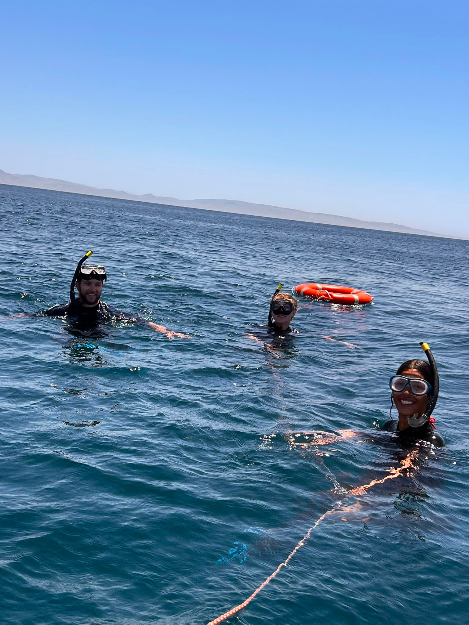 Three guests snorkelling in turquoise water beside a buoy, the coastline in the distance